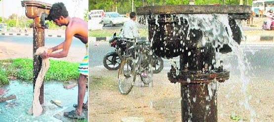 A leaking water junction at the road separating Sectors 52 and 53 in April 2010 (left) continues to do so in Chandigarh