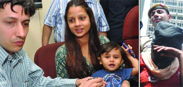 (Left) 18-month-old Ishan with his parents during a press conference after he was rescued from kidnappers by the police in New Delhi on Wednesday. (Right) The maid who has been arrested. 