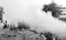 Motorists have a tough time driving past a wall of smoke rising up from a fire in shrubs along a road in Mohali on Thursday.