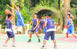 A match under way in the All-India WC Kashyap Inter-school Basketball Tournament at Pestle Weed College in Dehradun