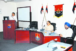 ADGP (HRD&CP) SK Sharma, PPA Director Ishwar Chander Sharma and state in charge of CPRCs Programme cum Dean of the Academy Dr DJ Singh during a public sensitising programme in PPA Phillaur. 