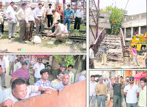 (Top left) Seeking Divine Blessings: Executive engineers Pradeep Puri and William Jeet Singh (in white turban) crack a coconut, (Top right) employees of the Railways and construction company place the dismantalled span on the ground, (below right) People peep through barricade erected by the Railways; and Youngsters click pictures of the ongoing dismantalling exercise of the Lakkar bridge. Photos: Inderjeet Verma 