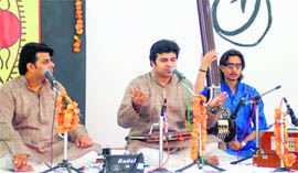 Rajnish and Ritesh Mishra, eminent vocalists, give a performance at a school in Dehradun on Friday. 