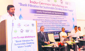 Parkash Pant, Uttarakhand Water Resources Minister, addresses participants in an Indo-German workshop on river bank filtration held in Dehradun on Friday.