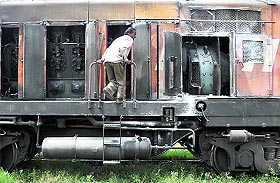 An electric engine, parked in the railway yard, caught fire and got damaged after a malfunction, in Ludhiana, on Friday.