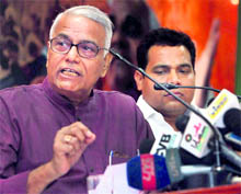 BJP MP Yashwant Sinha addresses a press conference in New Delhi on Friday