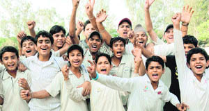 Players of Chandigarh team in a jubilant mood after winning the U-14 cricket tournament at Sector 36 in Chandigarh