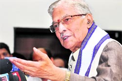 PAC chairman MM Joshi addresses a press conference in New Delhi on Saturday.