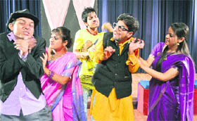 Artistes of the Natrang Threatre perform a play Kauva Chala Hans Ki Chaal at Zorawar Singh Auditorium in the University of Jammu on Saturday.