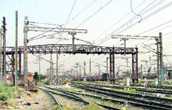 A view of the railway overbridge (ROB) on the Lakkar Bridge where the construction work has been stalled in Ludhiana