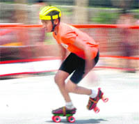 Sidharth Jain, winner in the U-12-14 category, in action during the final match of the All-India Gold Cup Sardar Sewa Singh Memorial Speed Skating Championship at Banyan Tree School, Sector 48-B, Chandigarh, on Sunday.