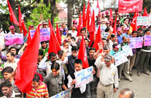 Members of CITU during a protest on May Day in Shimla on Sunday.