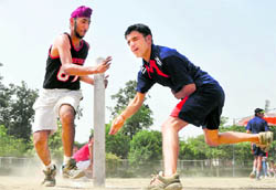 Players in action during the 3rd All-Punjab Kho-Kho Tournament for the Deaf at Guru Nanak Sports Complex in Ludhiana