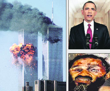 (Clockwise from left) The terror attack by Al-Qaida left over 3,000 dead in New York in September 2001; Obama announces Osamas killing by US troops; TV grab of Ladens body 