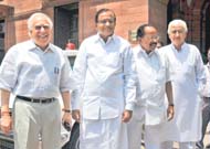 Kapil Sibal, P Chidambaram, Veerappa Moily and Salman Khurshid at North Block in New Delhi on Monday
