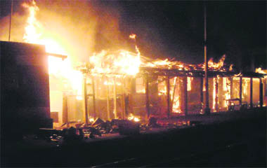 A view of the fire that destroyed the Kandaghat railway station on Monday night.