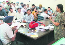 Uma Raman, instructor in English from the British Council, addresses government schoolteachers in Ludhiana