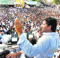Congress MP YS Jagan Mohan Reddy during a byelection campaign in Kadapa, Andhra Pradesh