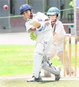 A batsman plays a shot during the St Kabir Trophy Tournament at St Kabir School, Sector 26, on Wednesday.