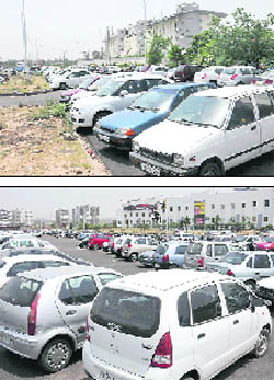 Vehicles parked haphazardly in open space in IT Park. 