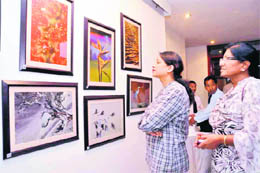 Visitors go around an exhibition put up by photographer Bhumesh Bharti in Dehradun on Wednesday.