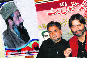 JKLF chairman Yasin Malik addresses a press conference at Maisuma in Srinagar on Wednesday.