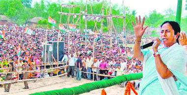 Union Railway Minister and Trinamool Congress supremo Mamata Banerjee at an election rally in Bankura, West Bengal, on Wednesday.
