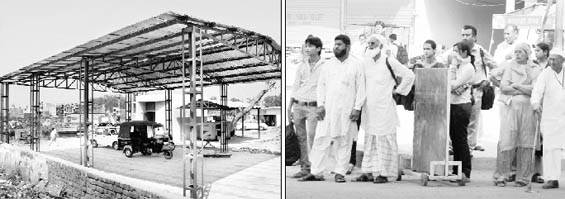 A car and an auto-rickshaw parked under a shed used by the MC at the water supply office in Zirakpur; (right) Passengers wait for buses at the Kalka-Zirakpur traffic light point in absence of a bus stop and a shed.
