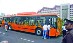 An ecofriendly bus decked up for its unveiling at Delhi Secretariat in New Delhi on Thursday. 