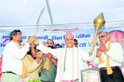 Pravin Togadia, international general secretary of the Vishwa Hindu Parishad, is felicitated at a function in Dehradun on Thursday