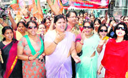 Activists of the BJP Mahila Morcha stage a rally in Haridwar on Thursday. 
