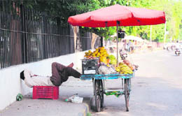 A fruit vendor takes a nap on a hot afternoon near Civil Hospital in Karnal. 