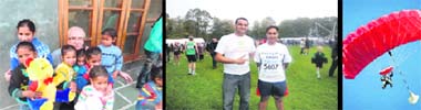 (From left) Tom Harrigon with orphanage kids in Jalandhar, Ranjit Thaliwal and his friend Kashmir Singh participate at the Leicester half marathon to raise funds for Unique Home; With the girls as an inspiration, Sunny Kaur takes to tandem skydiving