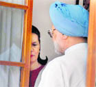 Prime Minister Manmohan Singh and Congress president Sonia Gandhi at the CWC meeting to condole the death of Dorjee Khandu in New Delhi on Thursday. 