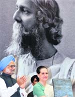 Prime Minister Manmohan Singh and AICC chief Sonia Gandhi at the commemoration of the 150th birth anniversary of Rabindranath Tagore in New Delhi 