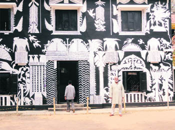 Kala Bhavan at Visvabharati University; (left) women look resplendent in colourful saris during Basant utsav at Santiniketan