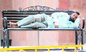 A man takes a nap on a bench in the PGI