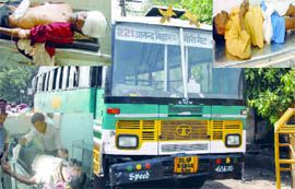 The ill-fated bus and (inset) three of the injured persons