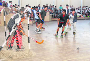 Players in action in a roller hockey match at Doon District Inter-School Roller Skating Championships at Dehradun on Sunday. 