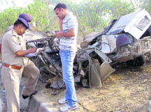 The mangled remains of a Honda City car that met with an accident near Samalkha on Sunday