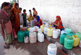 Water woes: The women folk collect potable water from a tap in one of the localities of Bathinda town that has been hit by water scarcity. Tribune photo: Pawan Sharma