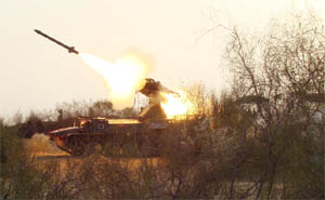A missile fired during the massive exercise carried out by the 2nd Strike Corps of the Indian Army, in the Suratgarh sector on Monday.