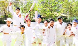 Players of Saupins School celebrate their vitory over St Kabir School in the semifinal match at Sector 26, Chandigarh,