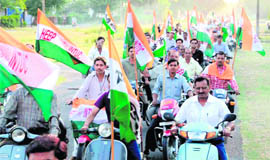 Supporters go in procession on two wheelers on Monday ahead of elections to BHEL unions 