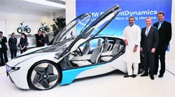 Heavy Industries and Public Enterprises Minister, Praful Patel (R), German Ambassador to India, Thomas Matussek (C) and Andreas Schaaf (L), President, BMW India, at the unveiling of the companys dynamic concept car in New Delhi on Tuesday. The company claims the cars efficiency of 26.5 km /L and CO2 emission rating is superior to all conventional hybrid cars.