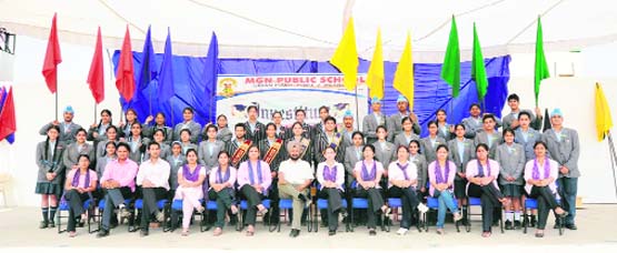 Students of MGN Public School, Urban Estate-II, pose for a photograph after the investiture ceremony held on the school campus in Jalandhar. 