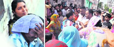 A shattered, Acchai Kumar, father of the boy, breaks down following the death of his son in Ludhiana on Tuesday; and (right) angry residents seek the arrest of the bus driver