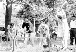 Workers uproot metallic railing in Phase V to widen the commercial street passing through Phases IV, V, III-B1, III-B2 and VII of Mohali