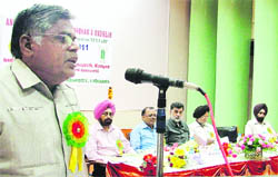 Dr N Nadarajan, director, IIPR, Kanpur, speaks during a conference at the PAU in Ludhiana