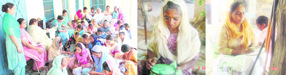 Women attend an embroidery class at Atiyana village; and (right) Satwinder Kaur and Preetam Kaur work on their pieces.